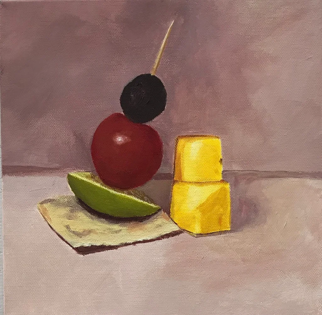 Acrylic Painting of an appetizer made of a cherry tomato and two pieces of cheese cubes from a painting lesson called Delectably Delicious by Mrs. T. Fox Resources on Teachers Pay Teachers