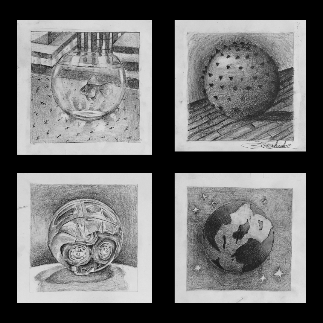 Four pencil shaded drawings of a sphere using creativity to turn the sphere into something interesting this is a middle school and high school drawing lesson called the No Outline Sphere from Mrs. T. Fox Resources on Teachers Pay Teachers
