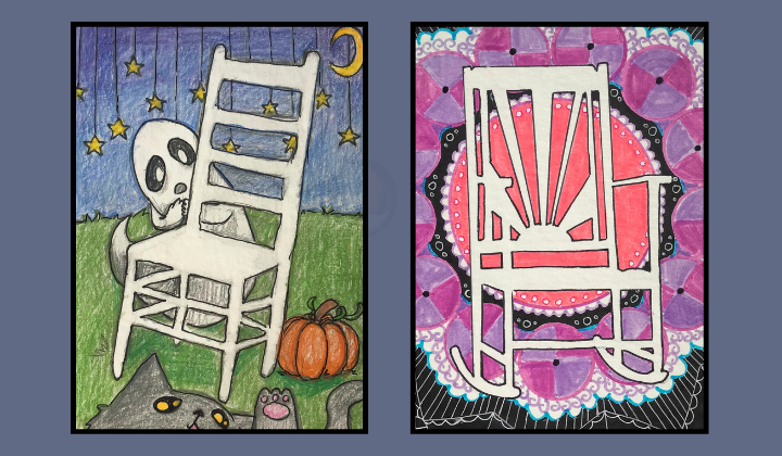 Negative Space Drawings of a chair and a rocking chair using colored pencil from a beginner negative space lesson by Mrs. T. Fox Resources on TpT