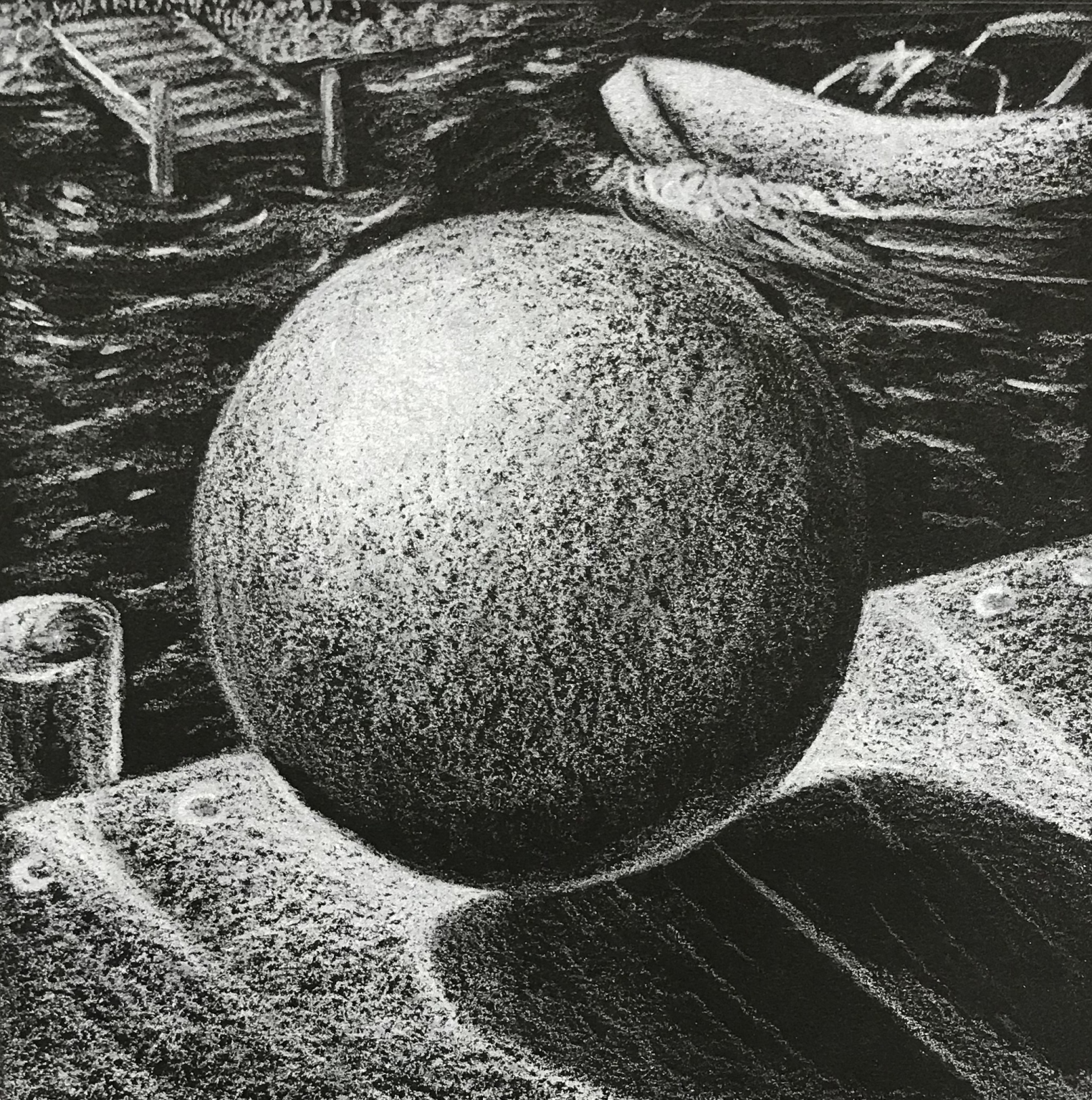 Drawing of a sphere on a boat dock with boats on the water using White colored pencil on black paper from the White Colored Pencil Sphere Lesson by Mrs. T. Fox on TpT